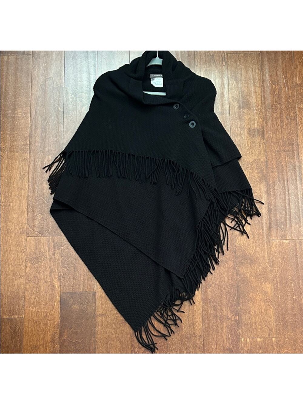 Repeat Wool & Cashmere Button-Shoulder Fringed Shawl Poncho in Black, Size Med